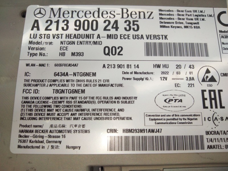 Recambio de sistema audio / radio cd para mercedes-benz clase e (w213) 2.0 e 220 d (213.004) referencia OEM IAM A2139002435  