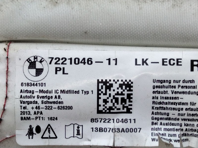 Recambio de airbag cortina trasero derecho para bmw serie 1 lim. (f21) 116d referencia OEM IAM 7221046  