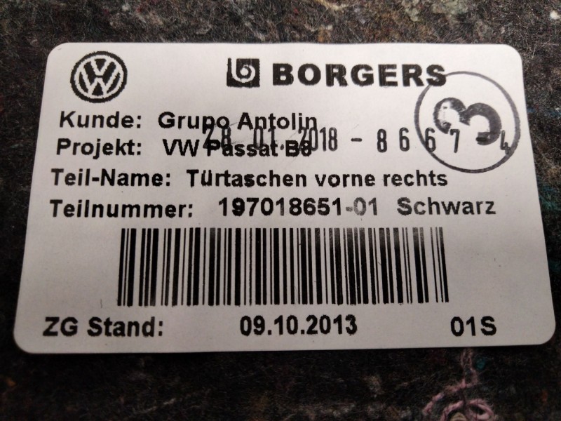 Recambio de guarnecido puerta delantera derecha para volkswagen passat b8 variant (3g5, cb5) 2.0 tdi referencia OEM IAM 3G086700