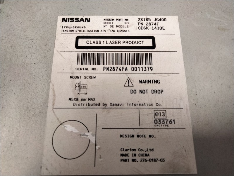 Recambio de sistema audio / radio cd para nissan qashqai / qashqai +2 i (j10, nj10, jj10e) 2.0 dci referencia OEM IAM 28185JG400