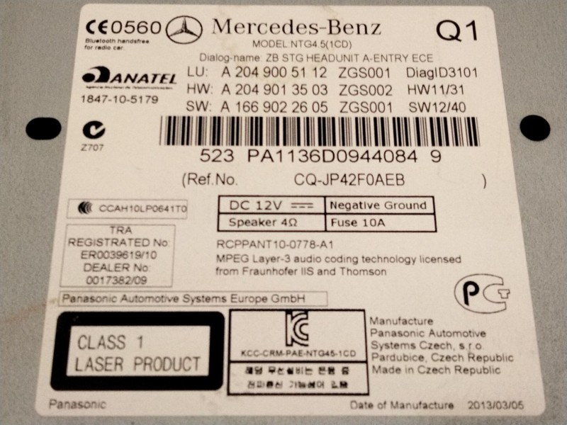 Recambio de sistema audio / radio cd para mercedes-benz clase c coupé (c204) c 220 cdi (204.302) referencia OEM IAM A2049005112 