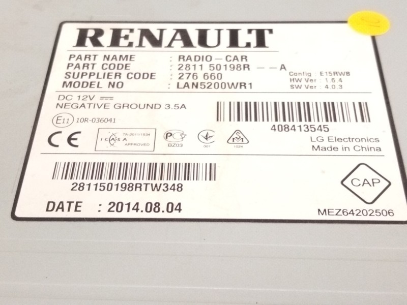 Recambio de sistema audio / radio cd para renault captur i (j5_, h5_) 1.2 tce 120 referencia OEM IAM 281150198R  