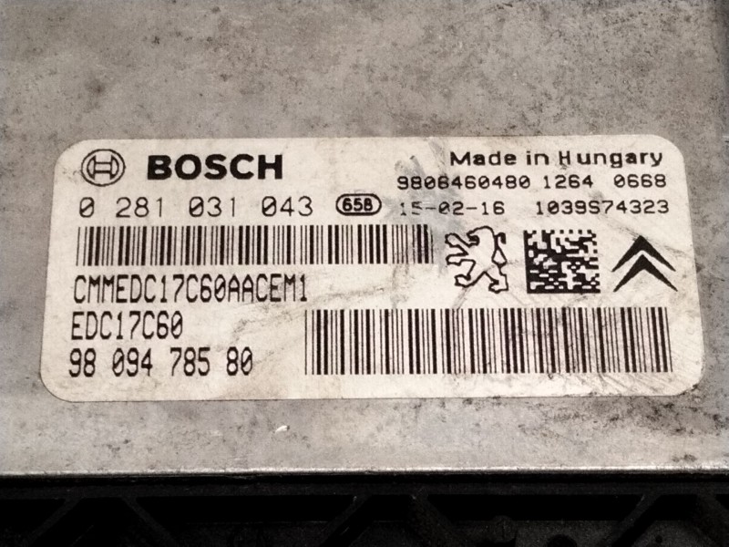 Recambio de centralita motor uce para peugeot 2008 i (cu_) 1.6 bluehdi 120 referencia OEM IAM 9809478580 0281031043 EDC17C60