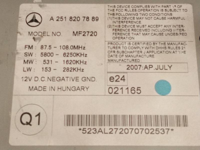 Recambio de sistema audio / radio cd para mercedes-benz clase r (w251, v251) r 320 cdi 4-matic (251.022, 251.122) referencia OEM