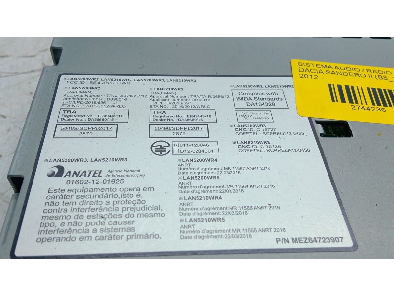 Recambio de sistema audio / radio cd para dacia sandero ii (b8_) tce 90 (b8m1, b8ma) referencia OEM IAM   