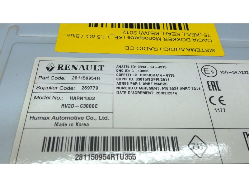 Recambio de sistema audio / radio cd para dacia dokker monospace (ke_) 1.5 dci / blue dci 75 (keaj, keah, kejw) referencia OEM I
