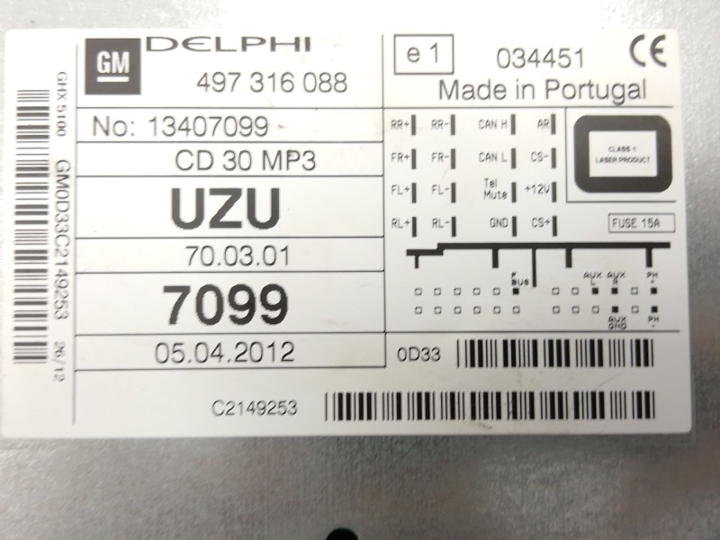 Recambio de sistema audio / radio cd para opel corsa d (s07) 1.3 cdti (l08, l68) referencia OEM IAM   