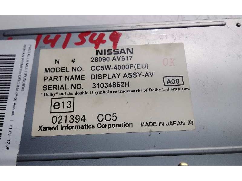 Recambio de pantalla multifuncion para nissan primera berlina (p12) acenta referencia OEM IAM 28090AV617  