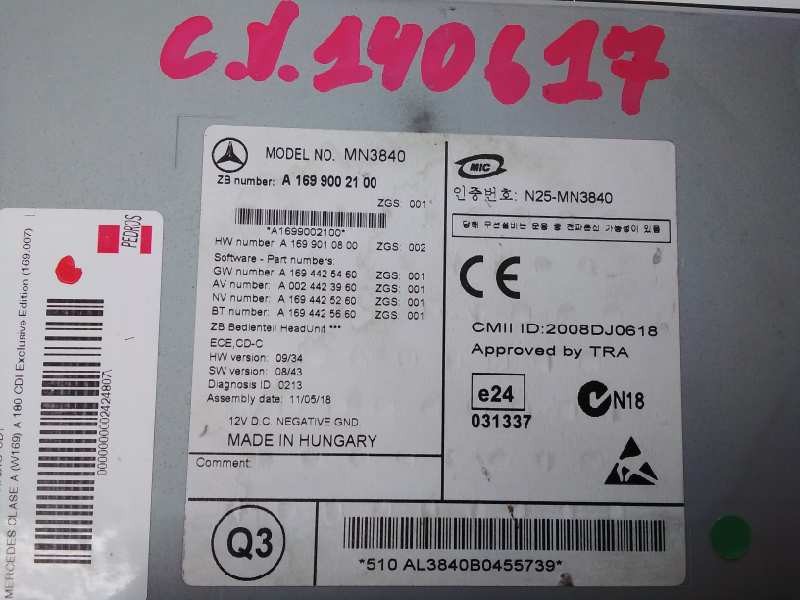 Recambio de sistema audio / radio cd para mercedes clase a (w169) a 180 cdi exclusive edition (169.007) referencia OEM IAM A1699