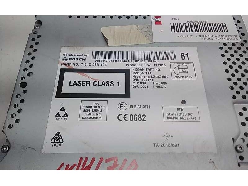 Recambio de sistema audio / radio cd para nissan qashqai (j11) acenta referencia OEM IAM 7612033104  