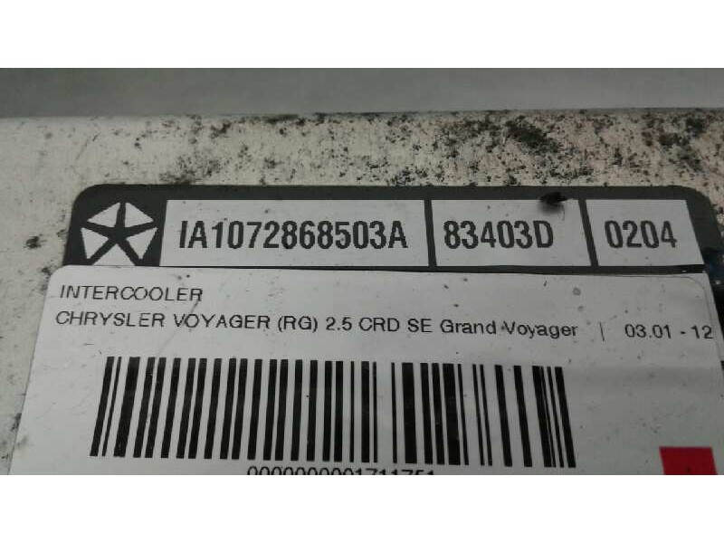 Recambio de intercooler para chrysler voyager (rg) 2.5 crd se grand voyager referencia OEM IAM IA1072868503A  