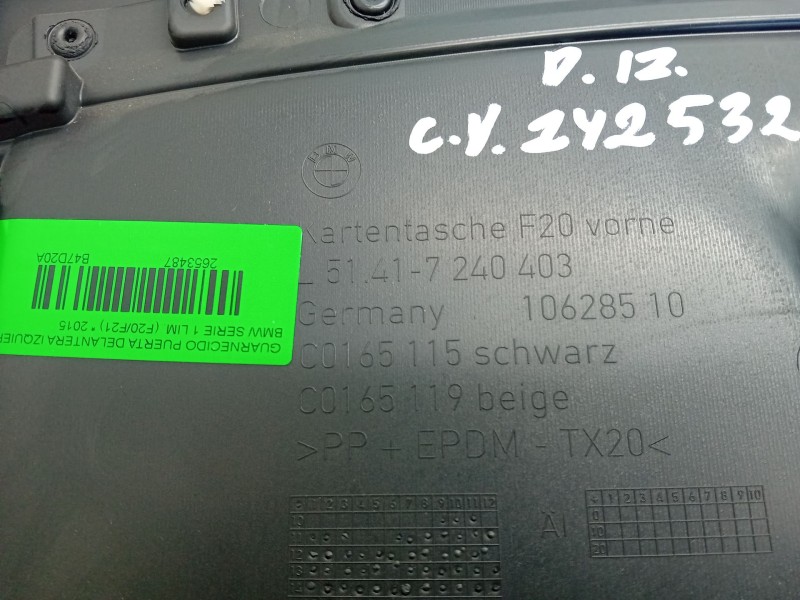 Recambio de guarnecido puerta delantera izquierda para bmw serie 1 lim. (f20/f21) referencia OEM IAM 51417240403  