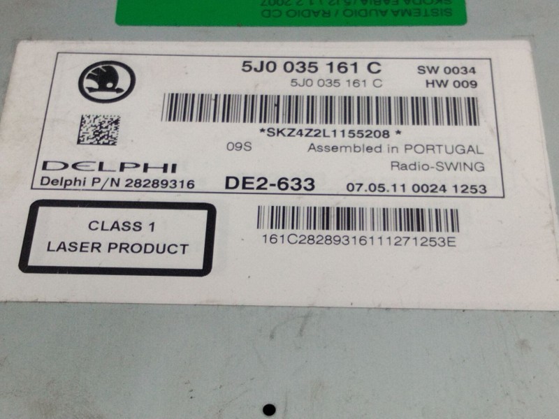 Recambio de sistema audio / radio cd para skoda fabia (5j2 ) 1.2 referencia OEM IAM 5J0035161C  