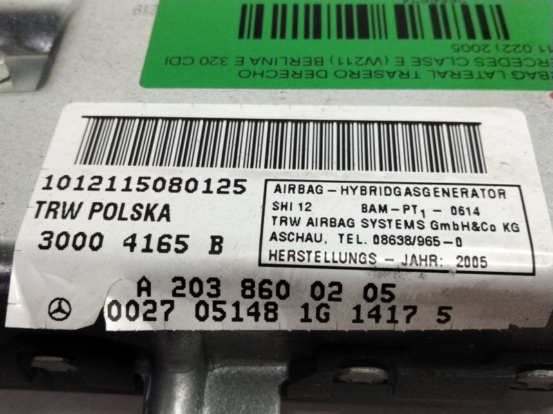 Recambio de airbag lateral trasero derecho para mercedes clase e (w211) berlina e 320 cdi (211.022) referencia OEM IAM A20386002