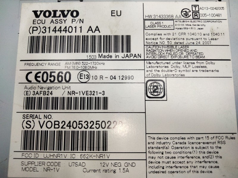 Recambio de sistema audio / radio cd para volvo v40 cross country referencia OEM IAM 31444011AA  