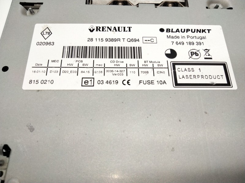 Recambio de sistema audio / radio cd para renault megane iii fastback (bz0/1_, b3_) 1.5 dci referencia OEM IAM 7649189391  