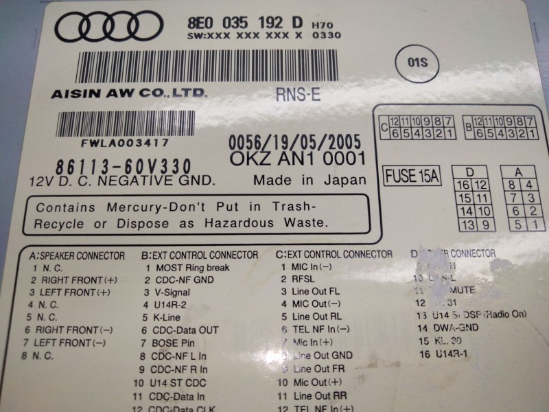 Recambio de sistema audio / radio cd para audi a4 b7 (8ec) 2.0 tfsi quattro referencia OEM IAM 8E0035192D  