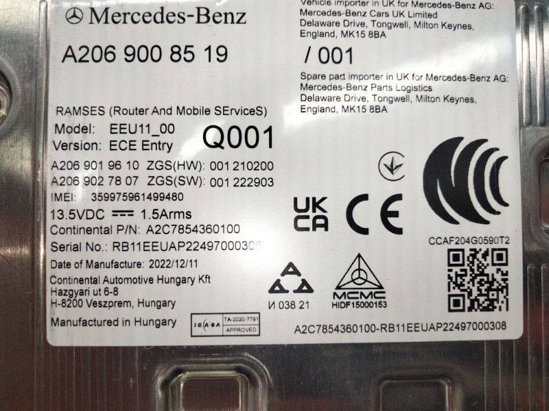 Recambio de unidad de control para mercedes-benz clase c all-terrain (s206) c 220 d 4-matic (206.214) referencia OEM IAM A206900