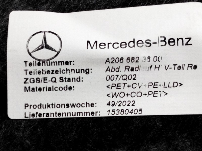 Recambio de panel protector para mercedes-benz clase c all-terrain (s206) c 220 d 4-matic (206.214) referencia OEM IAM A20668236